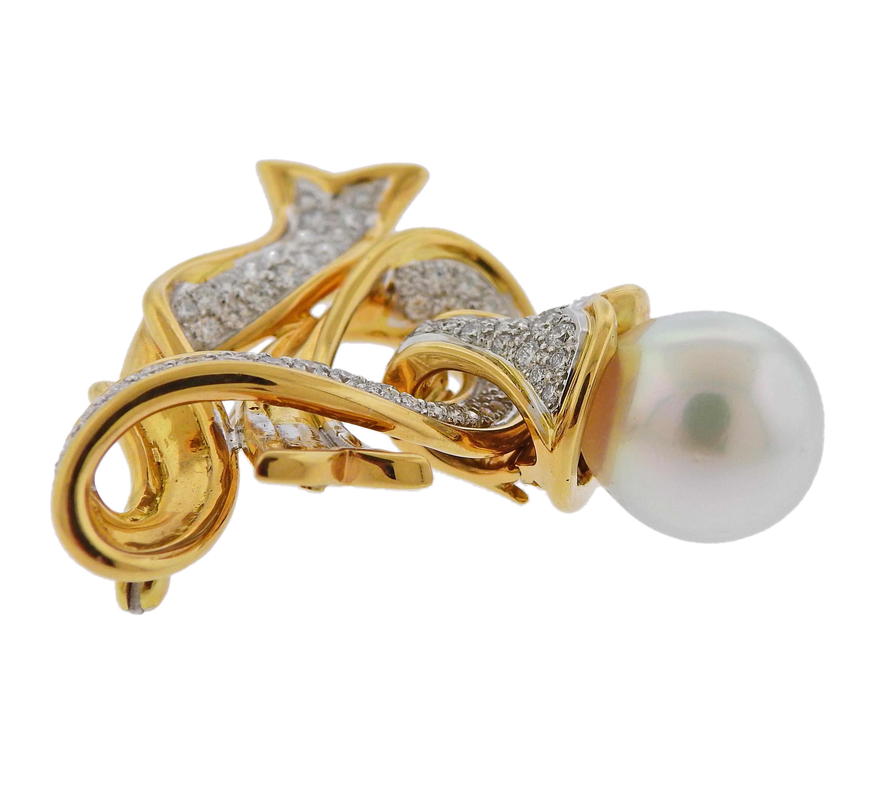 Angela Cummings South Sea Pearl Diamond Gold Platinum Brooch Pendant - Oak Gem