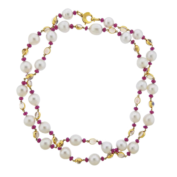 Assael Prince Dimitri South Sea Pearl 81ctw Ruby Moonstone Gold Long Necklace - Oak Gem