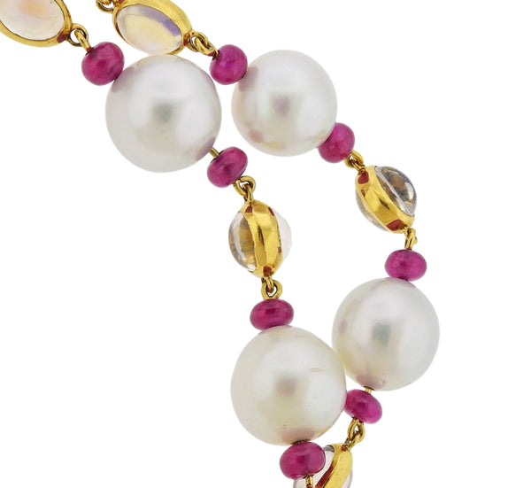 Assael Prince Dimitri South Sea Pearl 81ctw Ruby Moonstone Gold Long Necklace - Oak Gem