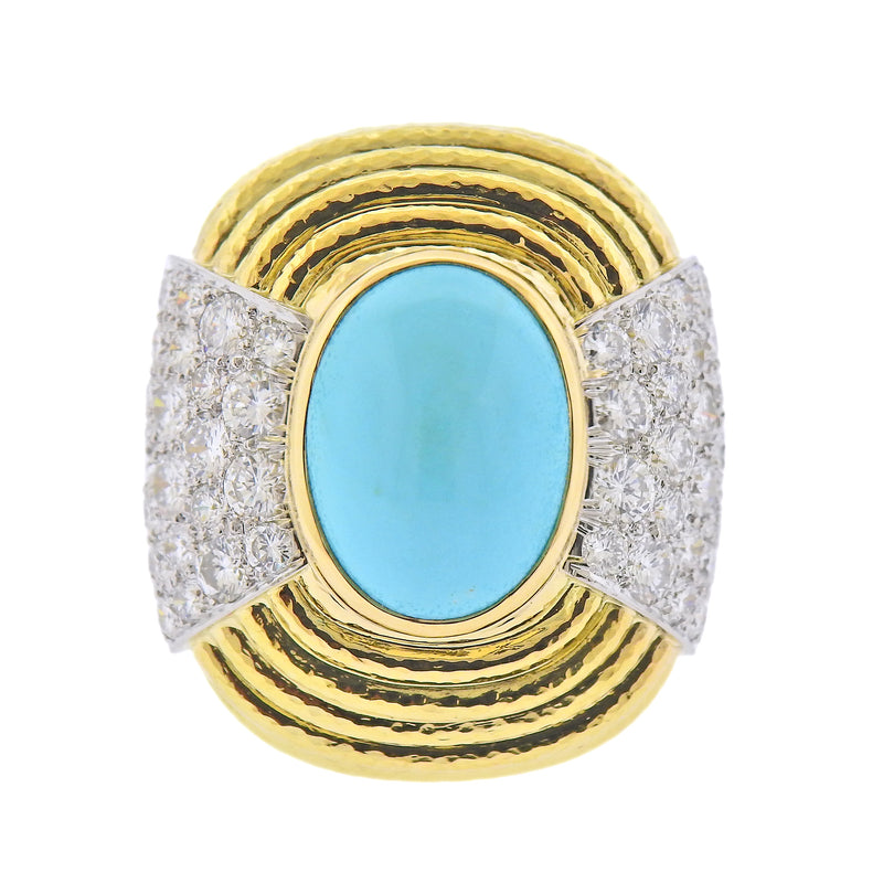 David Webb Gold Platinum Diamond Turquoise Cocktail Ring – Oak Gem