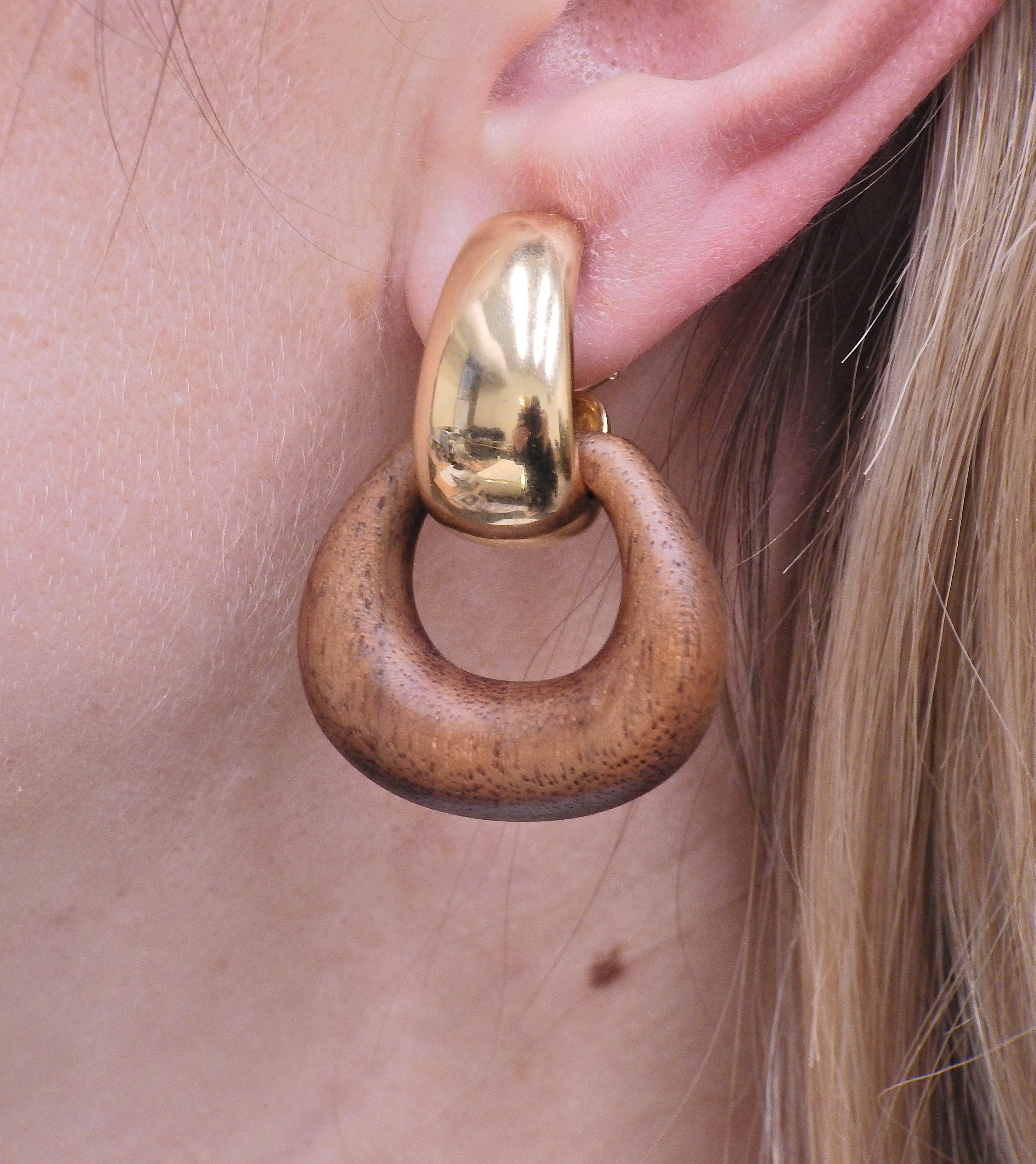 Seaman Schepps Madison Reversible Wood Gold Buckle Earrings