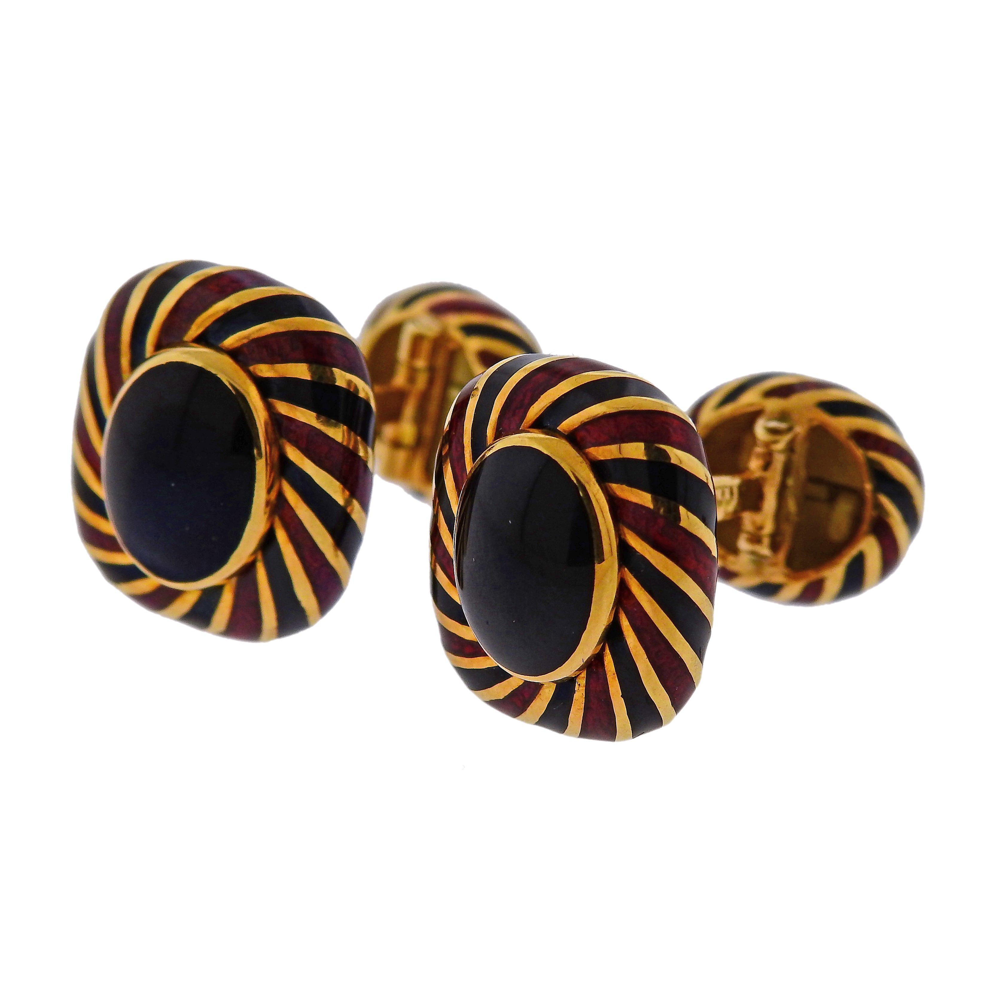 David Webb Enamel Gold Cufflinks Stud Set - Oak Gem