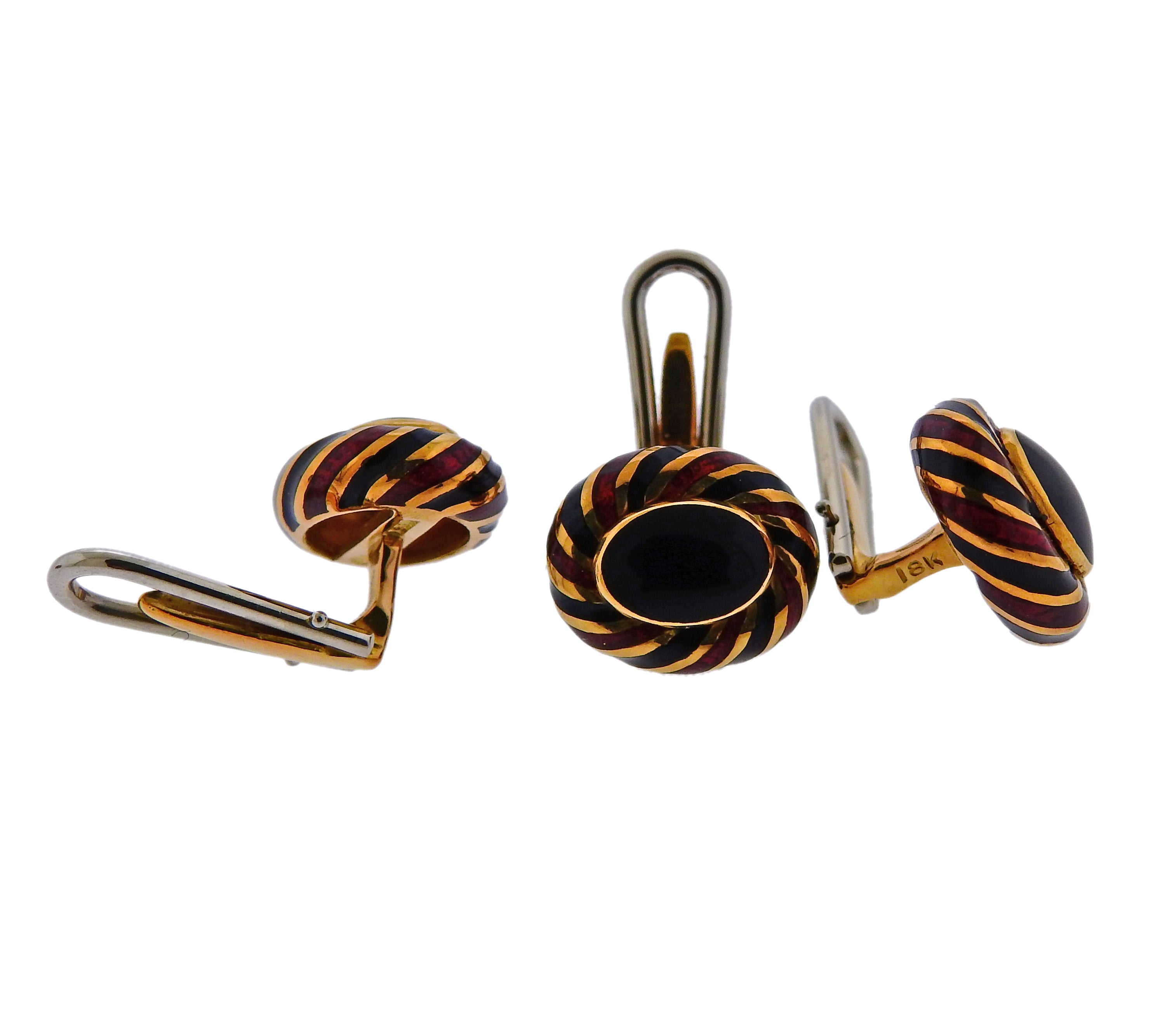 David Webb Enamel Gold Cufflinks Stud Set - Oak Gem
