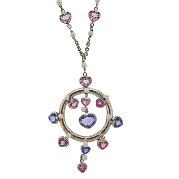 Assael Prince Dimitri 8.66ctw Pink Blue Sapphire Pearl Gold Pendant Necklace - Oak Gem