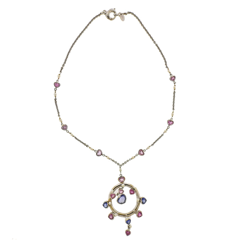 Assael Prince Dimitri 8.66ctw Pink Blue Sapphire Pearl Gold Pendant Necklace - Oak Gem
