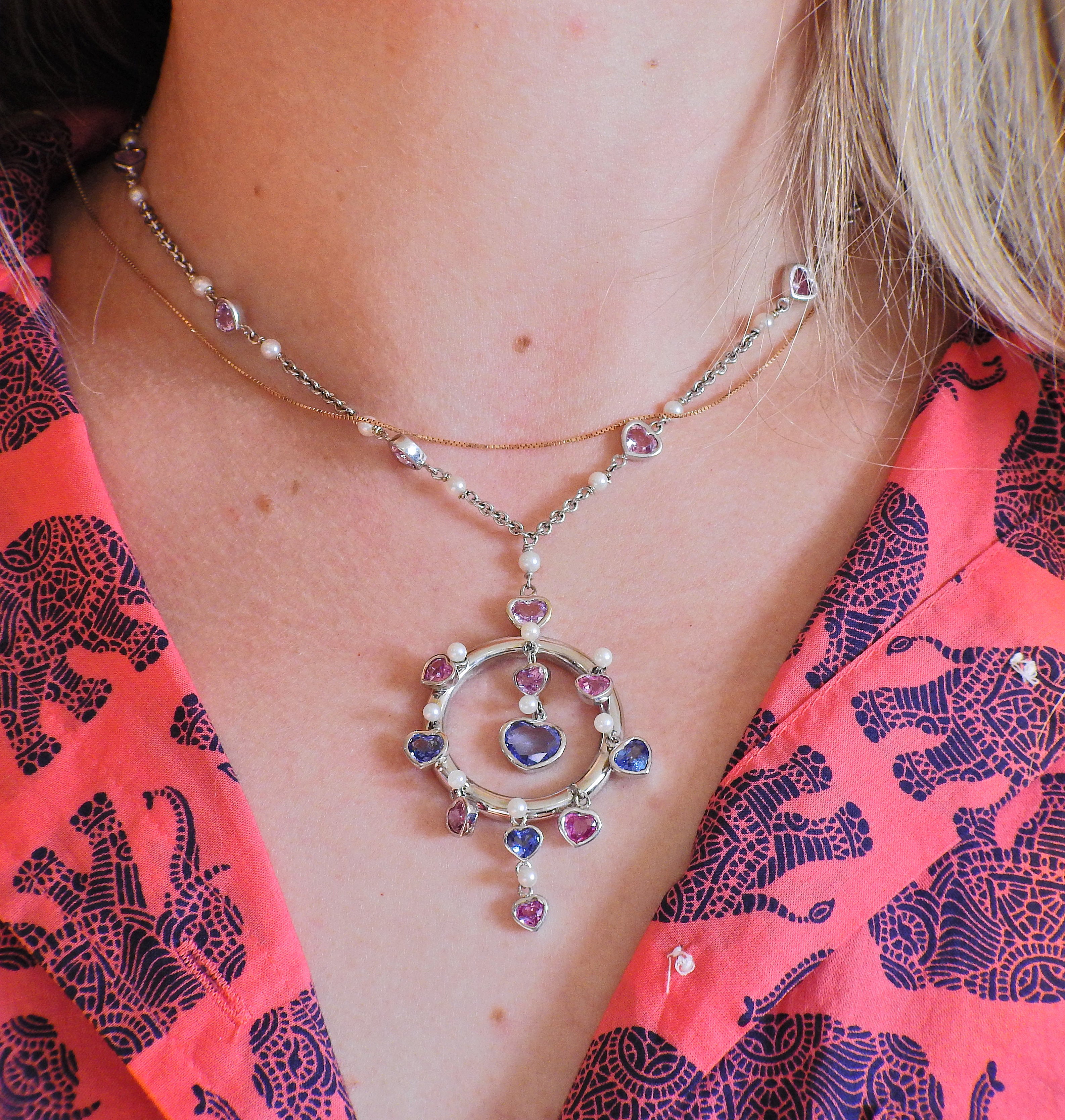 Assael Prince Dimitri 8.66ctw Pink Blue Sapphire Pearl Gold Pendant Necklace - Oak Gem