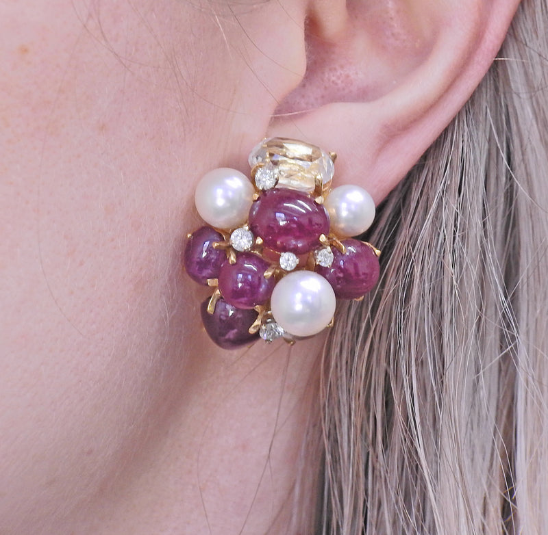 Seaman Schepps Ruby Diamond Pearl Crystal Gold Large Bubble Earrings