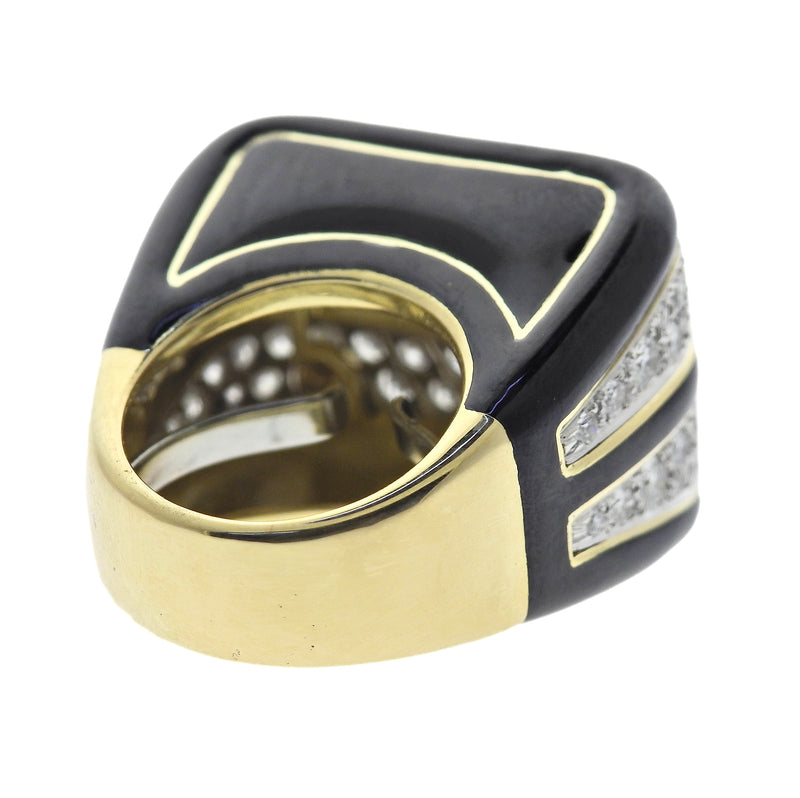 Vintage David Webb Rectilinear Gold Platinum Enamel Diamond Ring