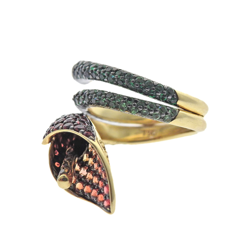 Asprey London Lily Sapphire Tsavorite 18k Gold Cocktail Ring