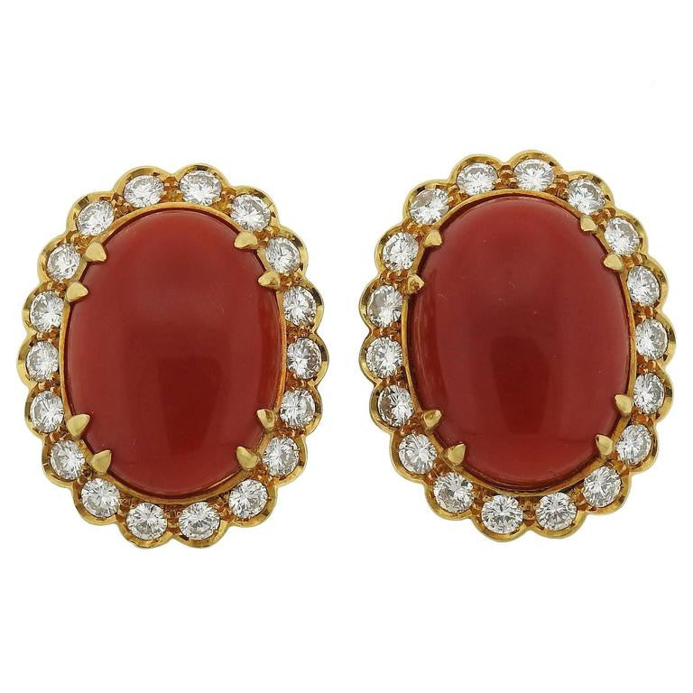 Oxblood Coral Diamond Gold Earrings - Oakgem.com