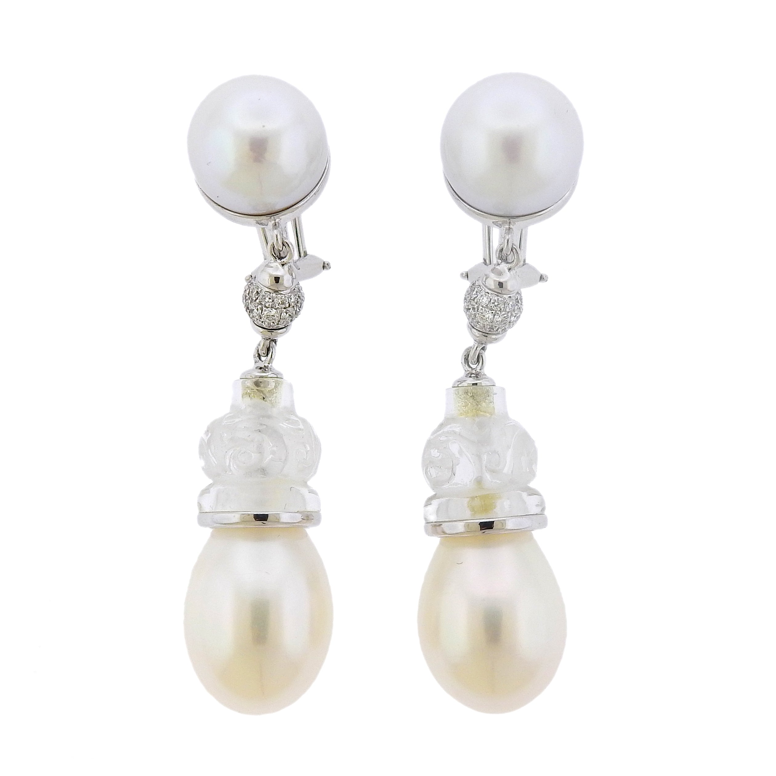 Seaman Schepps Carved Rock Crystal Pearl Diamond Gold Earrings - Oak Gem