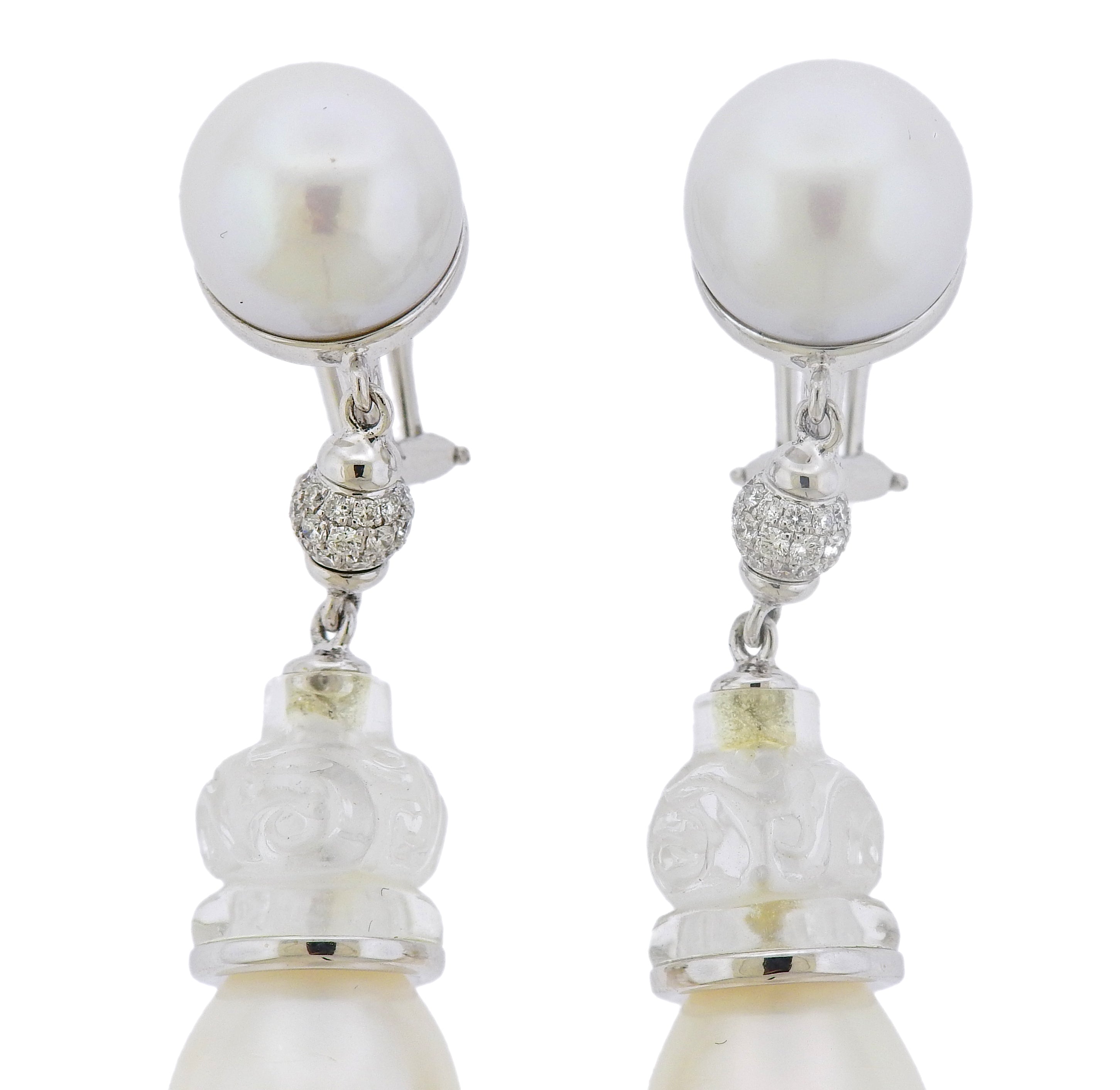 Seaman Schepps Carved Rock Crystal Pearl Diamond Gold Earrings - Oak Gem