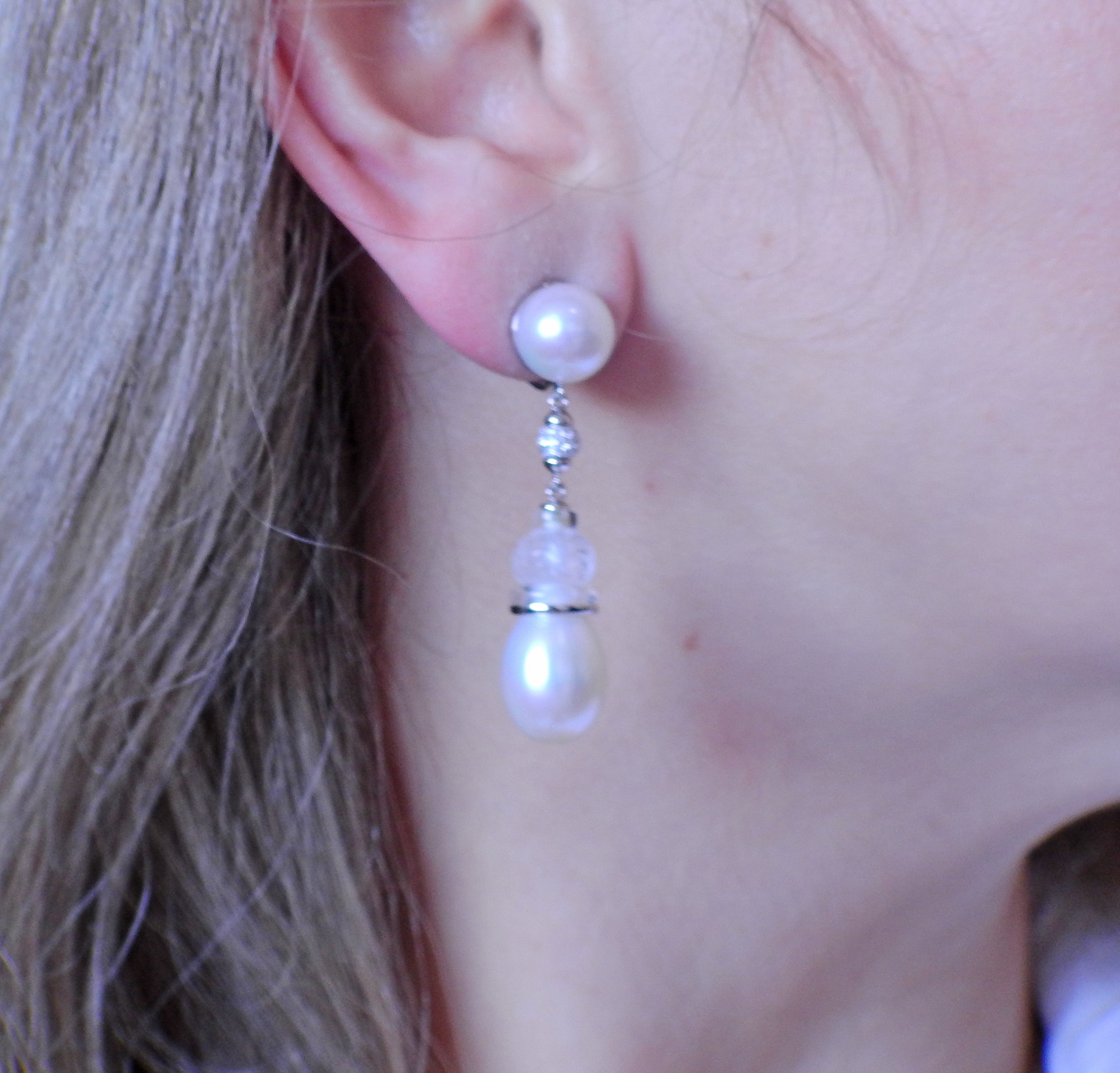 Seaman Schepps Carved Rock Crystal Pearl Diamond Gold Earrings - Oak Gem