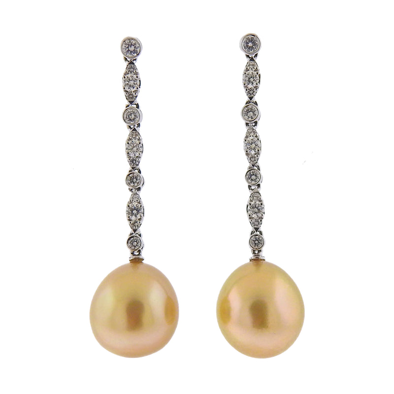 Assael Golden South Sea Pearl Diamond Gold Long Drop Earrings - Oak Gem