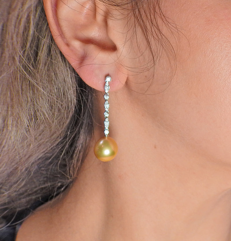 Assael Golden South Sea Pearl Diamond Gold Long Drop Earrings - Oak Gem