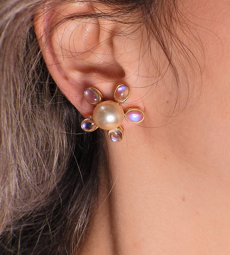 Assael South Sea Pearl Moonstone Gold Flower Earrings - Oak Gem