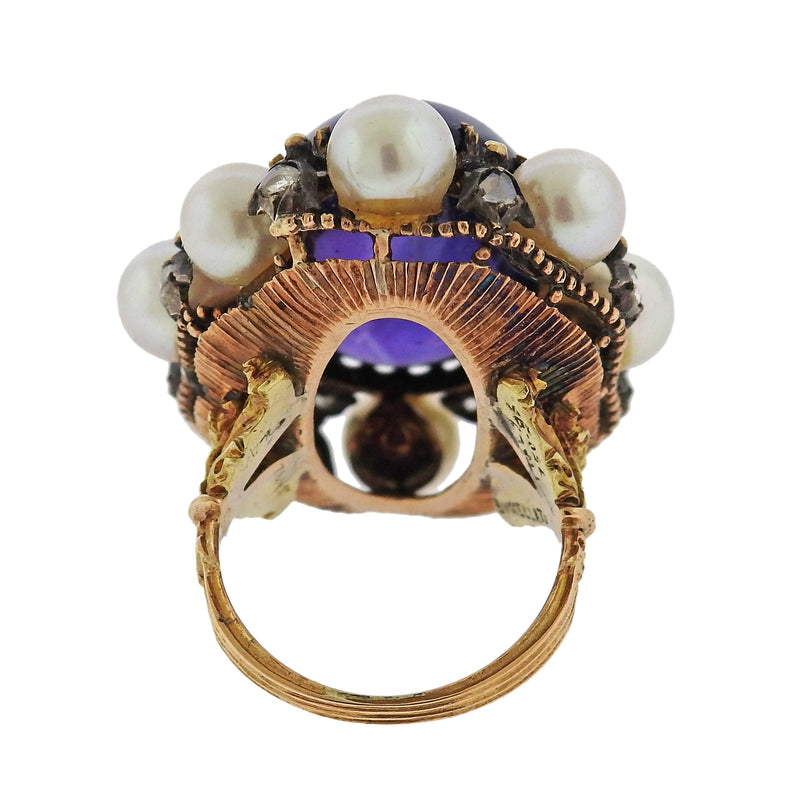 Rare Vintage Buccellati 18K Gold Amethyst Pearl Diamond Ring - Oak Gem