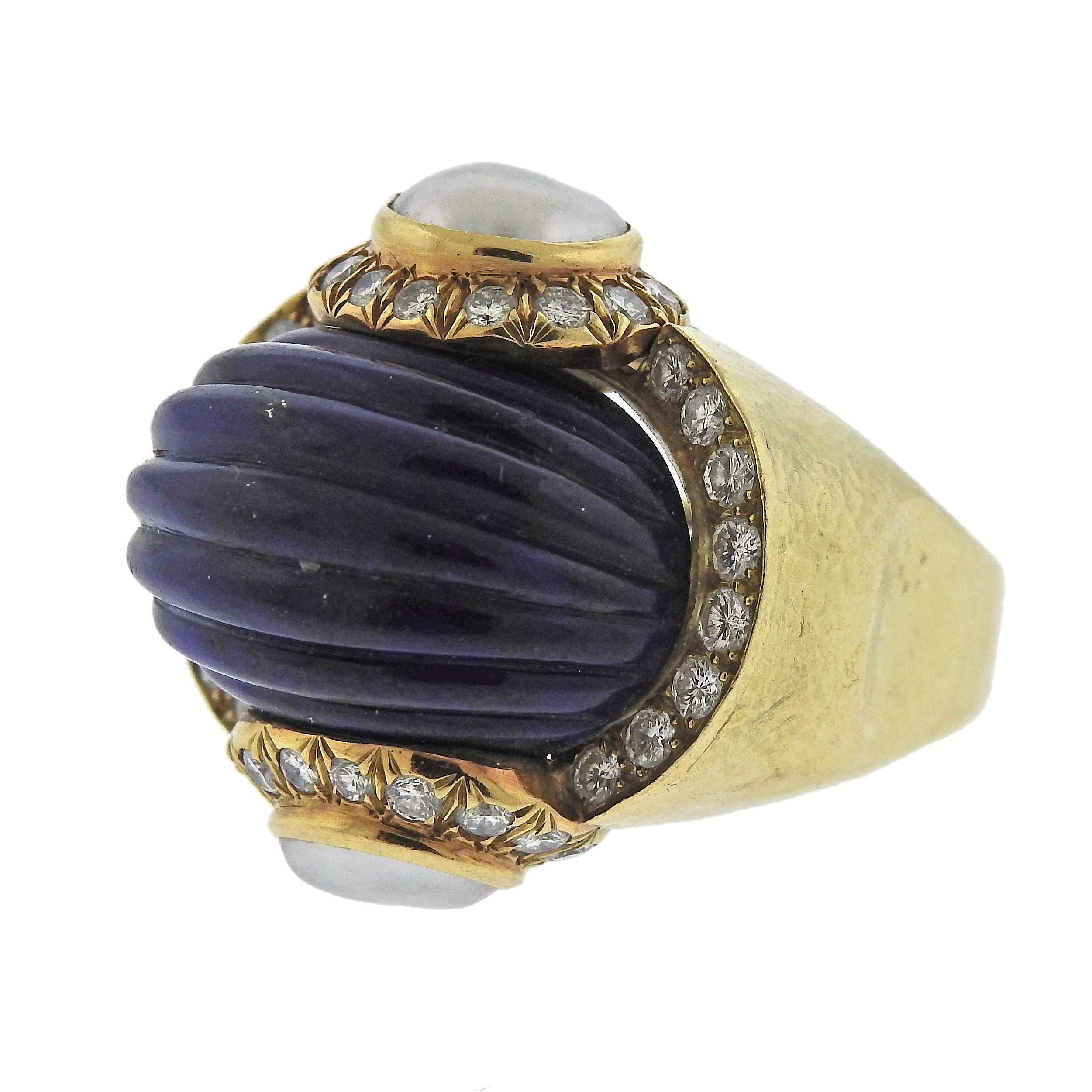 David Webb Diamond Pearl Lapis Gold Ring - Oak Gem
