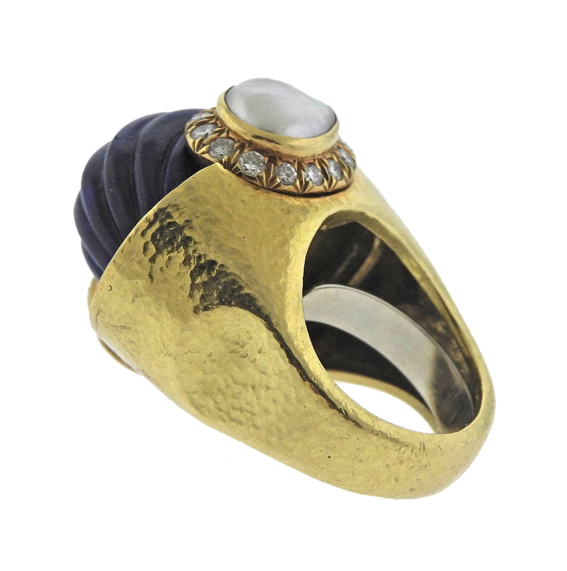 David Webb Diamond Pearl Lapis Gold Ring - Oak Gem