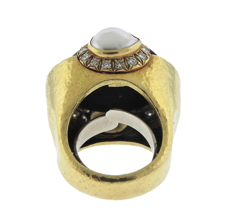 David Webb Diamond Pearl Lapis Gold Ring - Oak Gem
