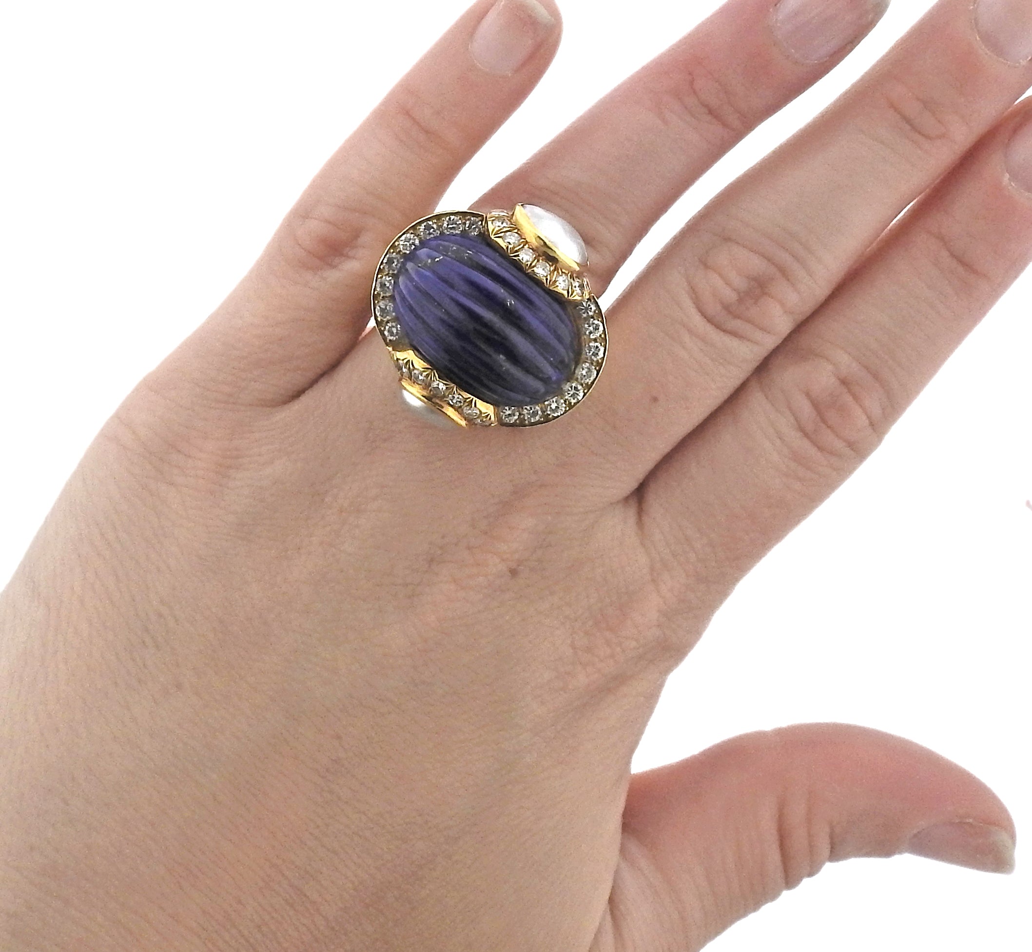 David Webb Diamond Pearl Lapis Gold Ring - Oak Gem