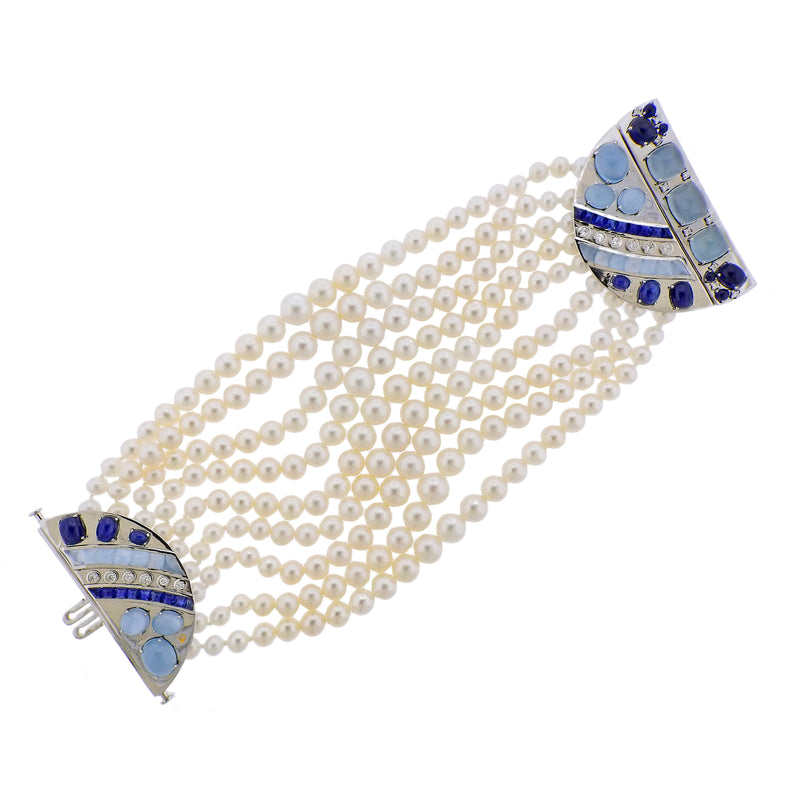 Seaman Schepps Sapphire Aquamarine Diamond Pearl Gold Bracelet - Oak Gem