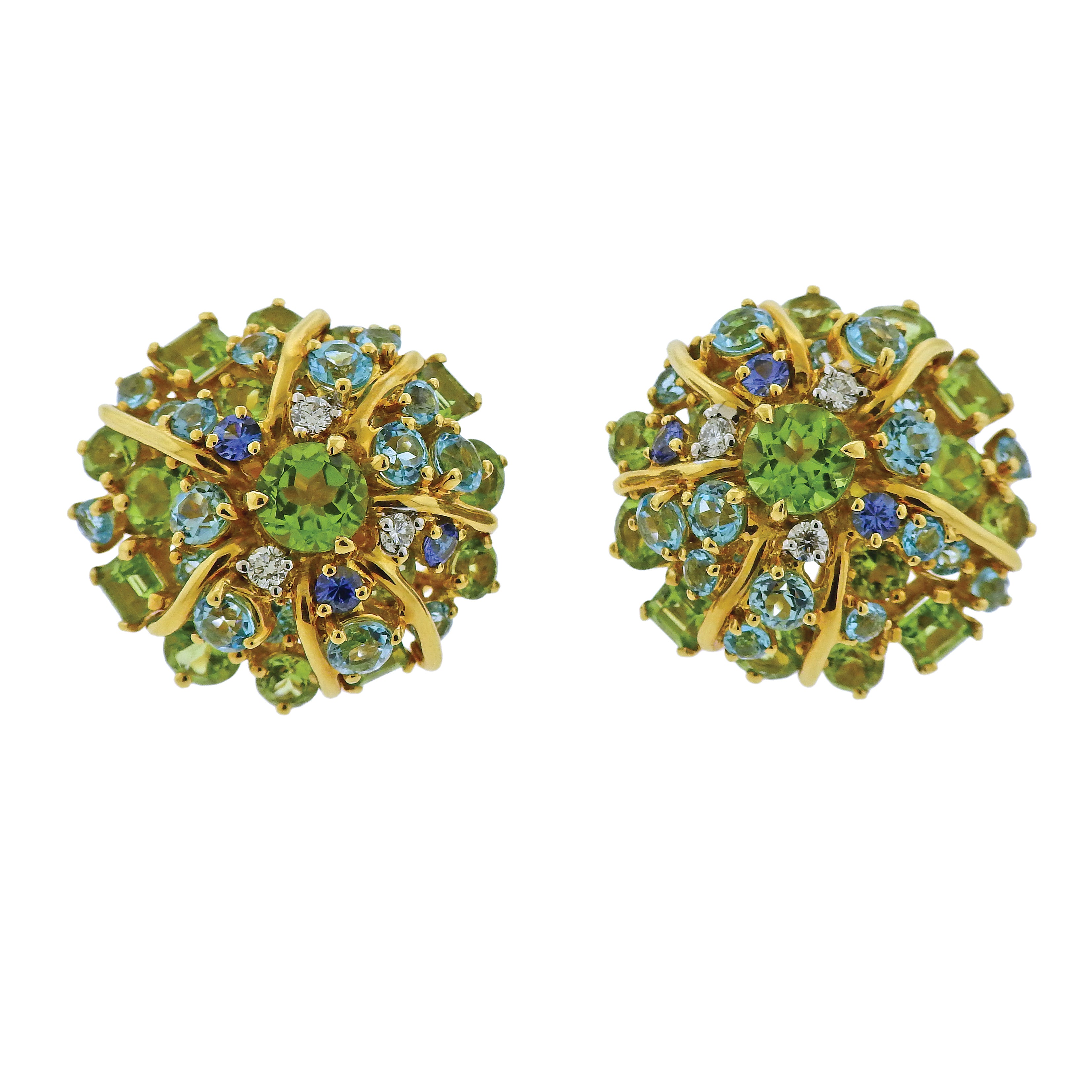 Seaman Schepps Diamond Aquamarine Sapphire Peridot Gold Earrings - Oak Gem
