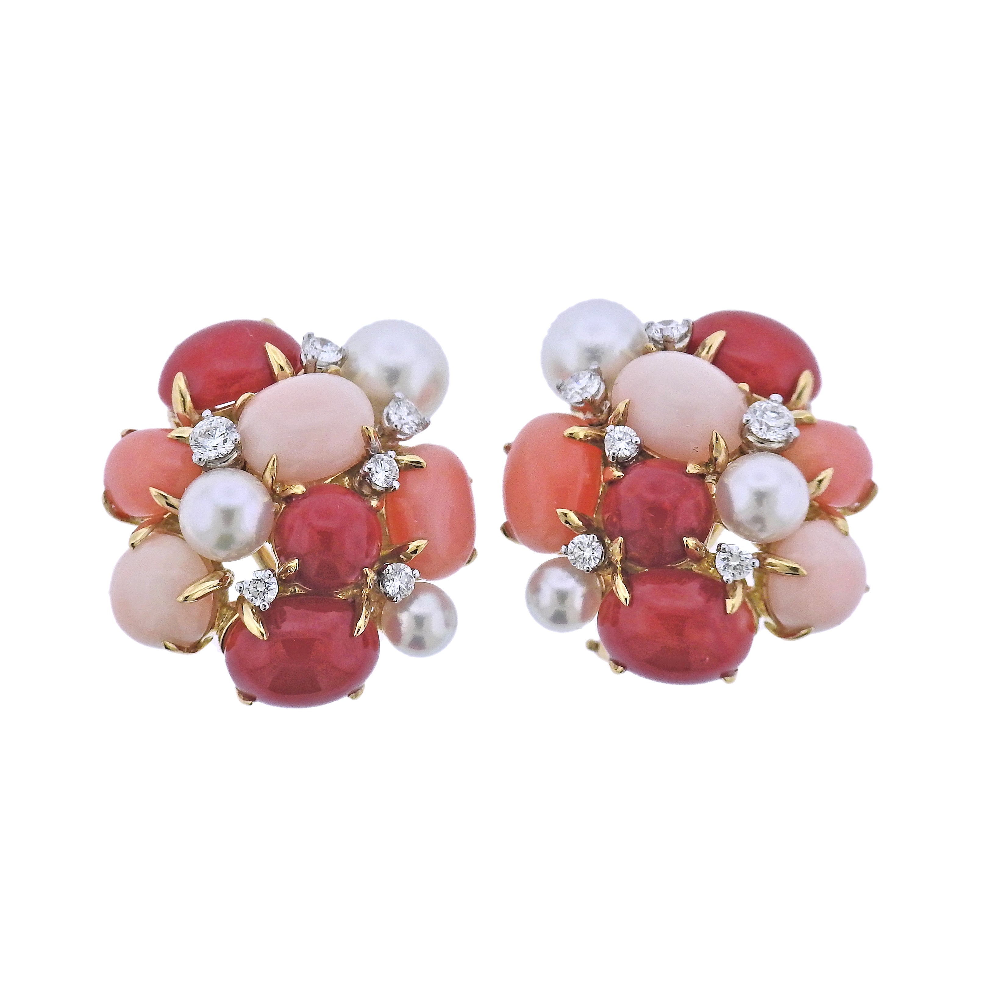 Seaman Schepps Large Bubble Coral Diamond Pearl Gold Earrings