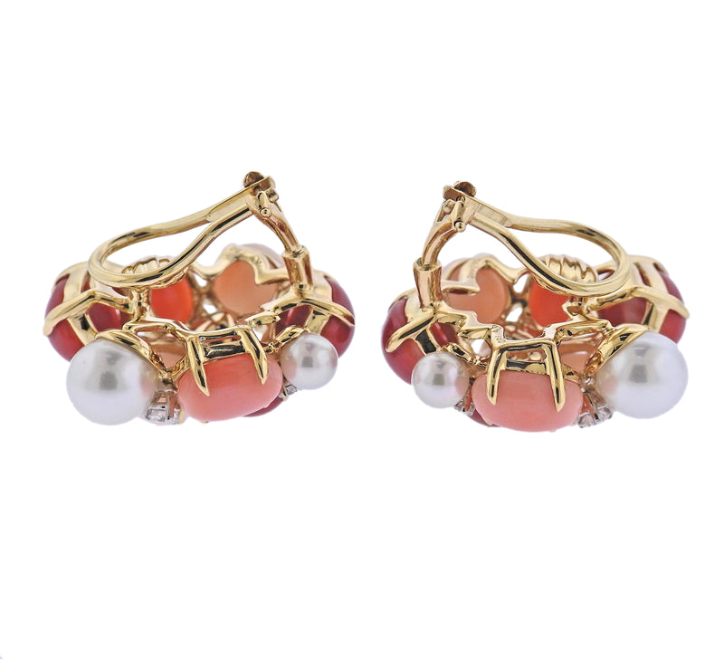 Seaman Schepps Large Bubble Coral Diamond Pearl Gold Earrings