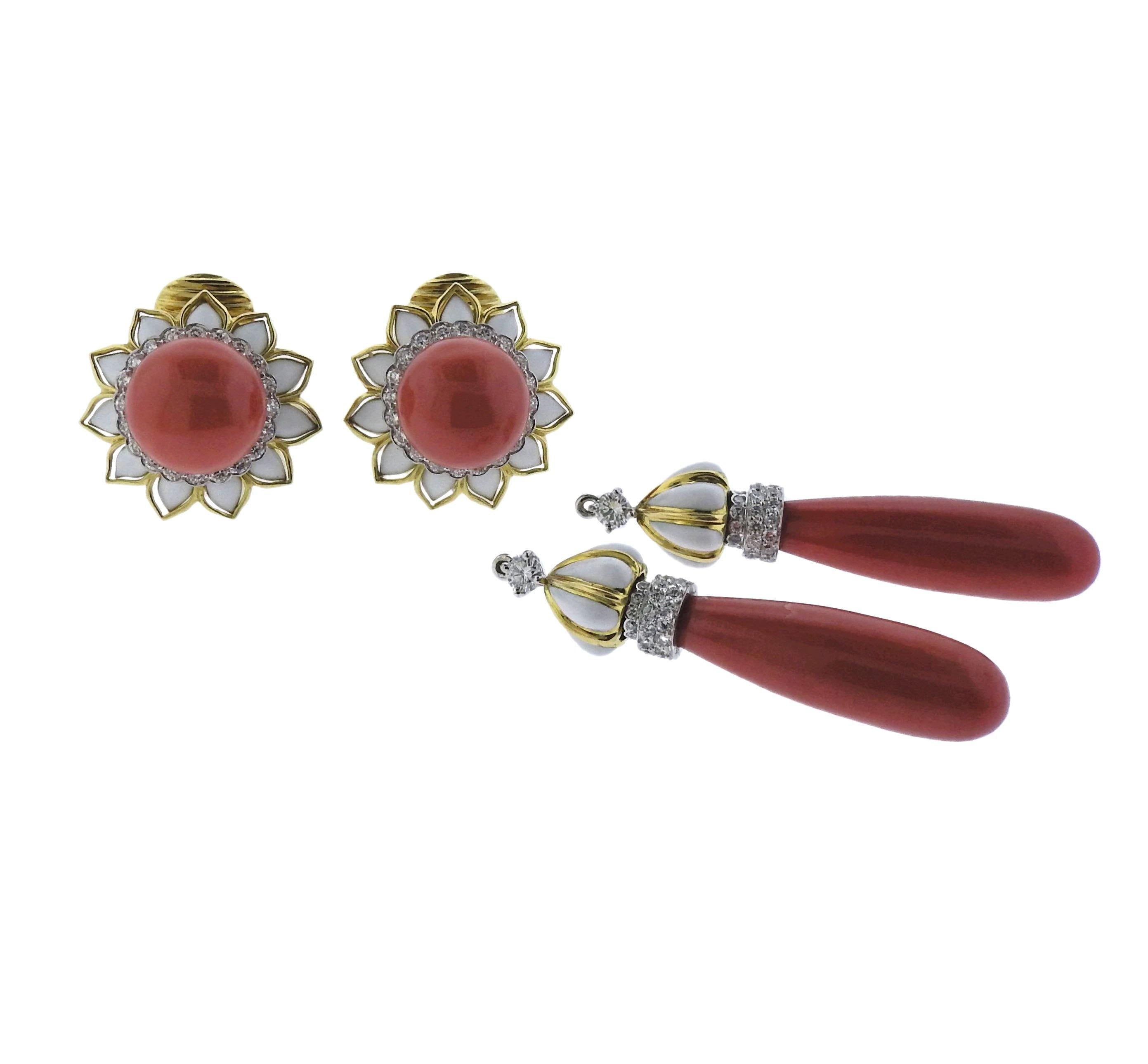 David Webb Coral Diamond Platinum Gold Day & Night Earrings - Oak Gem