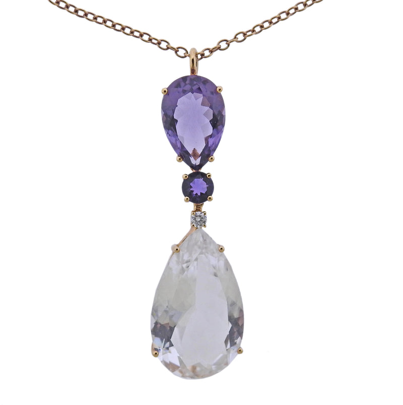 Bucherer Rose Gold Diamond Amethyst Crystal Pendant Necklace