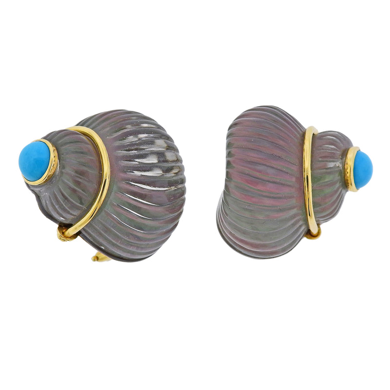 Trianon Carved Crystal Mother of Pearl Turquoise Shell Gold Earrings - Oak Gem