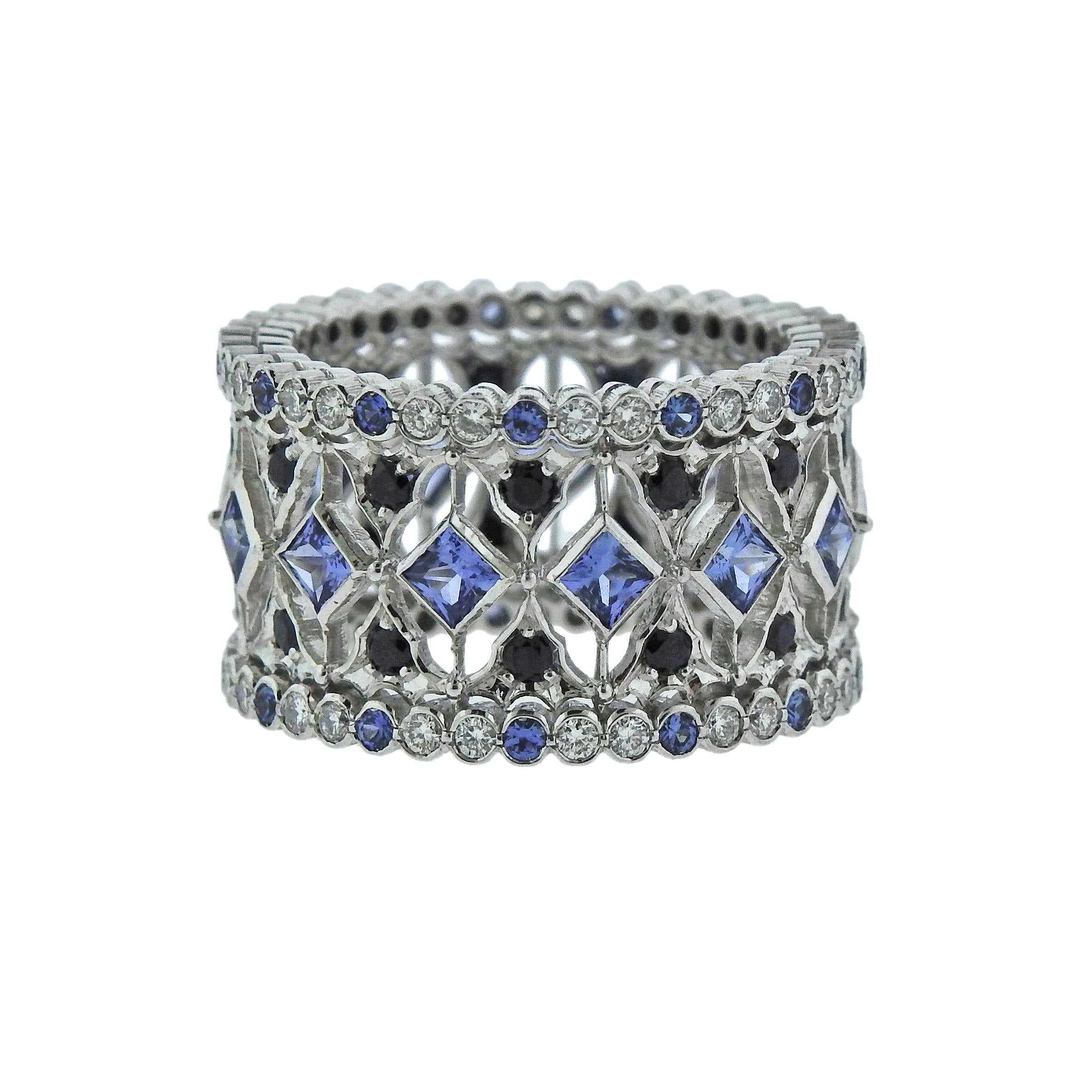 Buccellati Prestigio White Gold Diamond Sapphire Band Ring - Oak Gem