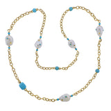 Trianon Lisbon Baroque Pearl Turquoise Gold Long Necklace - Oak Gem