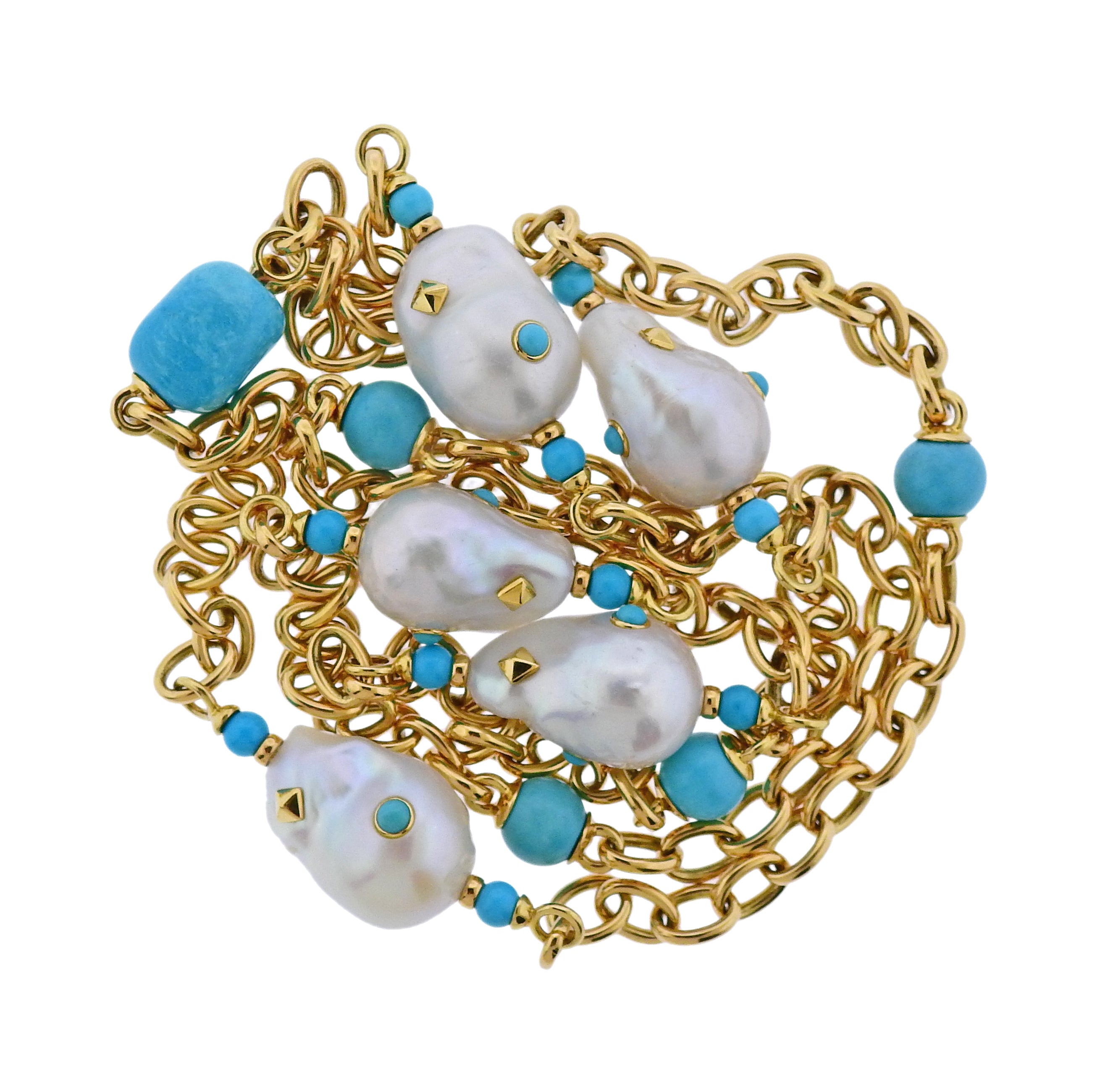 Trianon Lisbon Baroque Pearl Turquoise Gold Long Necklace - Oak Gem