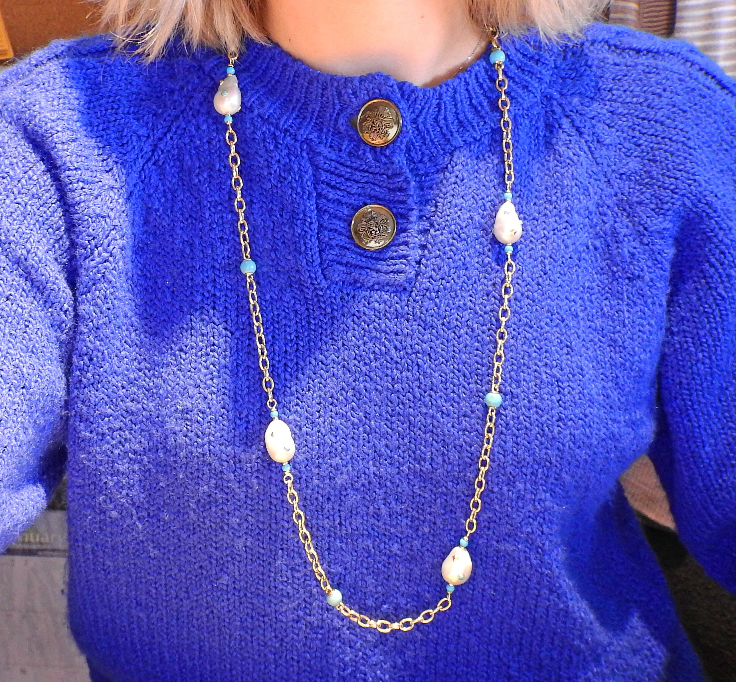Trianon Lisbon Baroque Pearl Turquoise Gold Long Necklace - Oak Gem