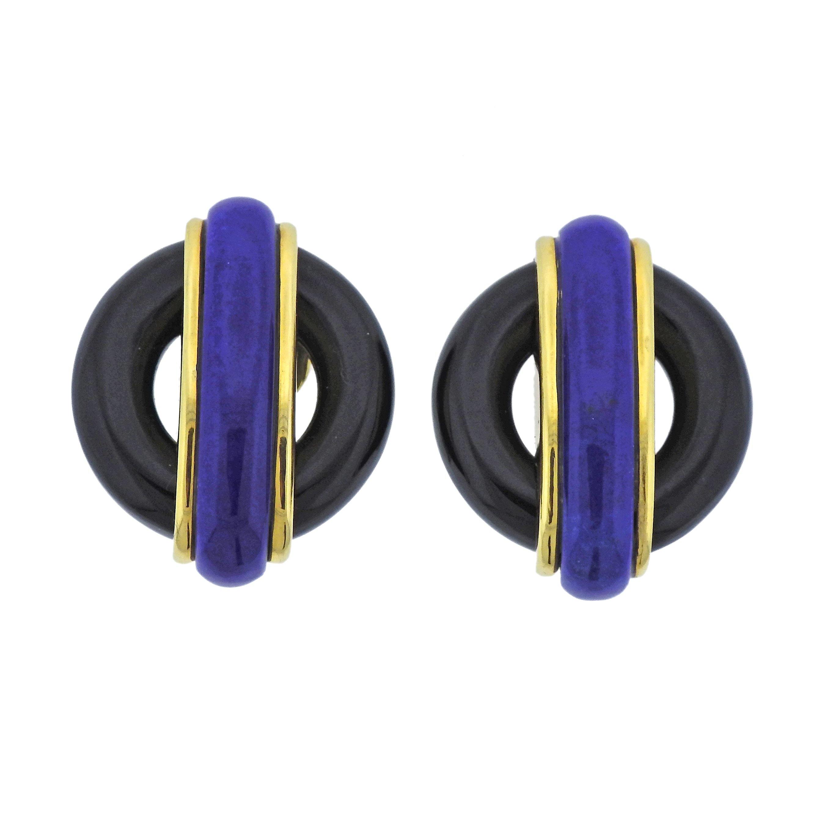 Aldo Cipullo 1970s Onyx Lapis Gold Earrings - Oak Gem