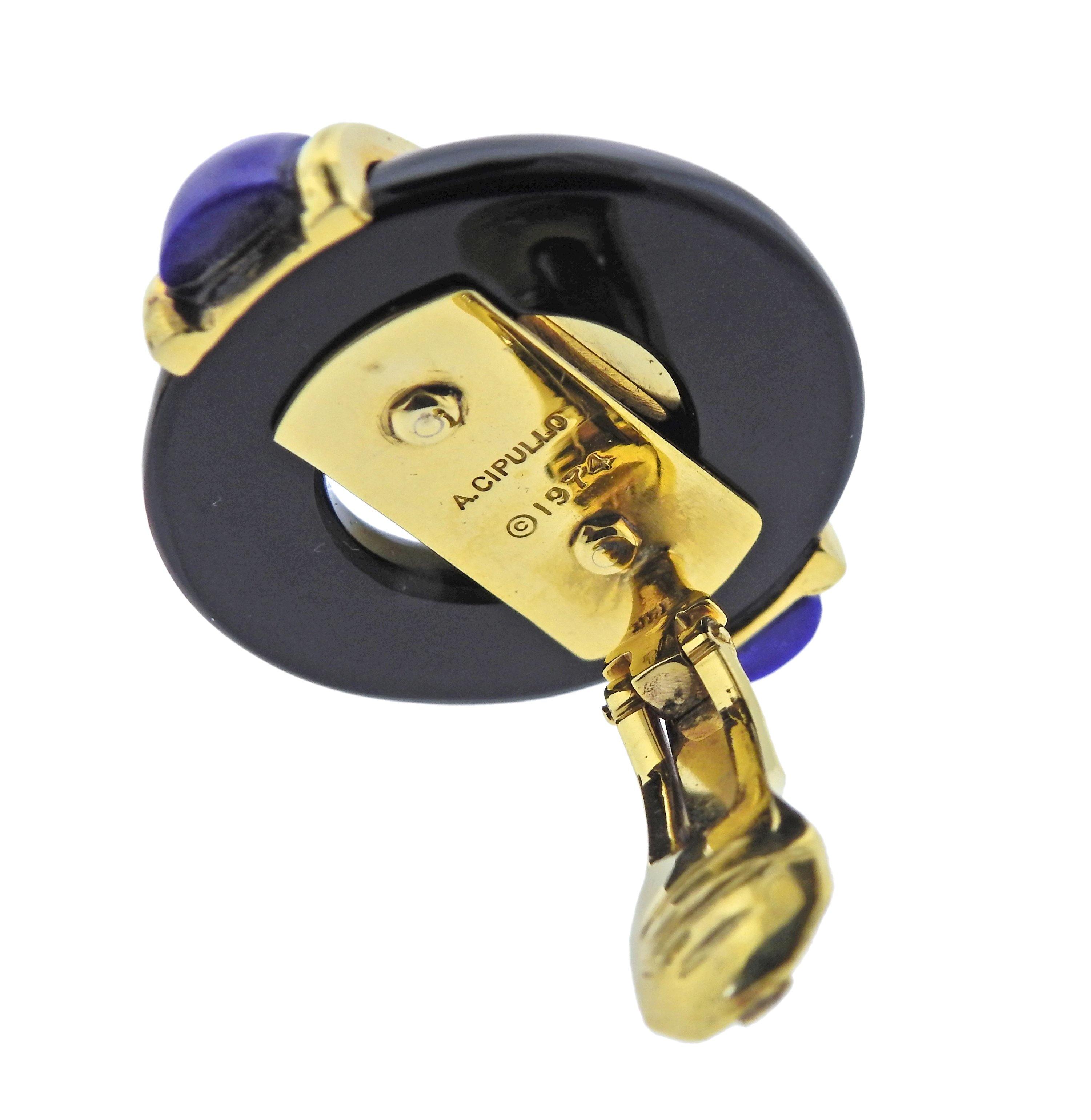 Aldo Cipullo 1970s Onyx Lapis Gold Earrings - Oak Gem