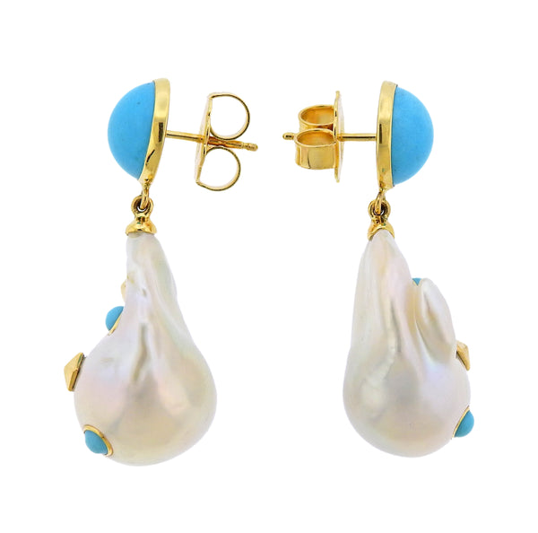 Trianon Lisbon Baroque Pearl Turquoise Gold Drop Earrings - Oak Gem