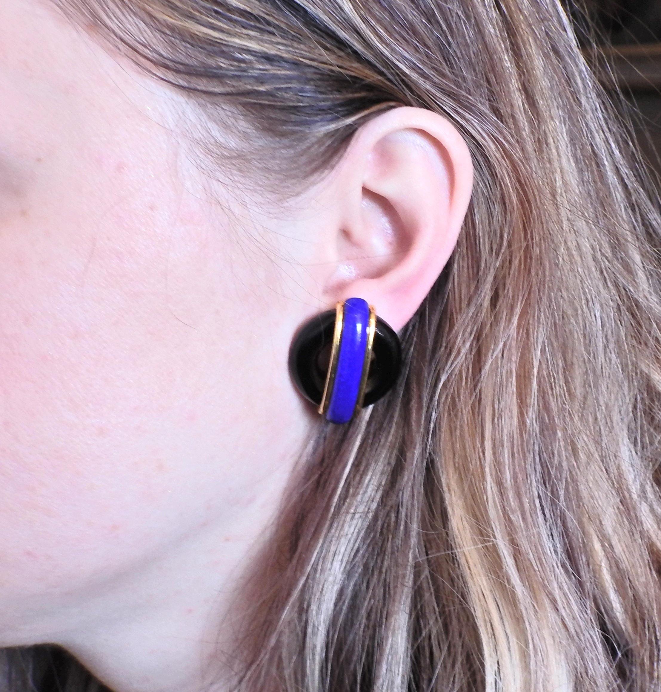 Aldo Cipullo 1970s Onyx Lapis Gold Earrings - Oak Gem
