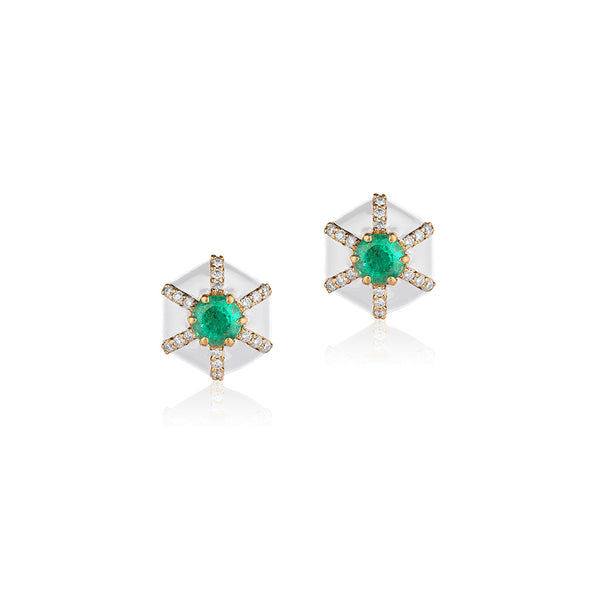 Goshwara Queen Hexagon Enamel Diamond Emerald Stud Earrings