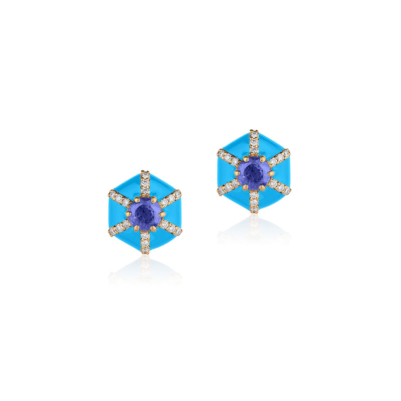 Goshwara Queen Hexagon Enamel Diamond Sapphire Stud Earrings