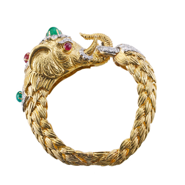 David Webb Diamond Ruby Emerald Gold Platinum Elephant Bracelet