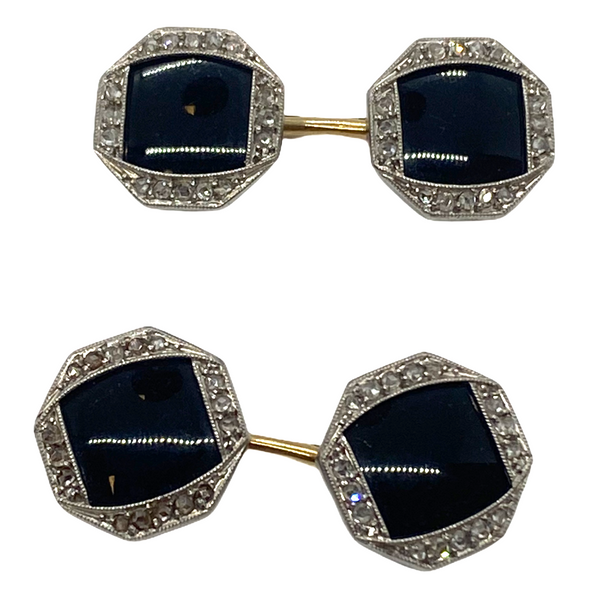 Art Deco Onyx Rose Cut Diamond 14K Gold Platinum Cufflinks