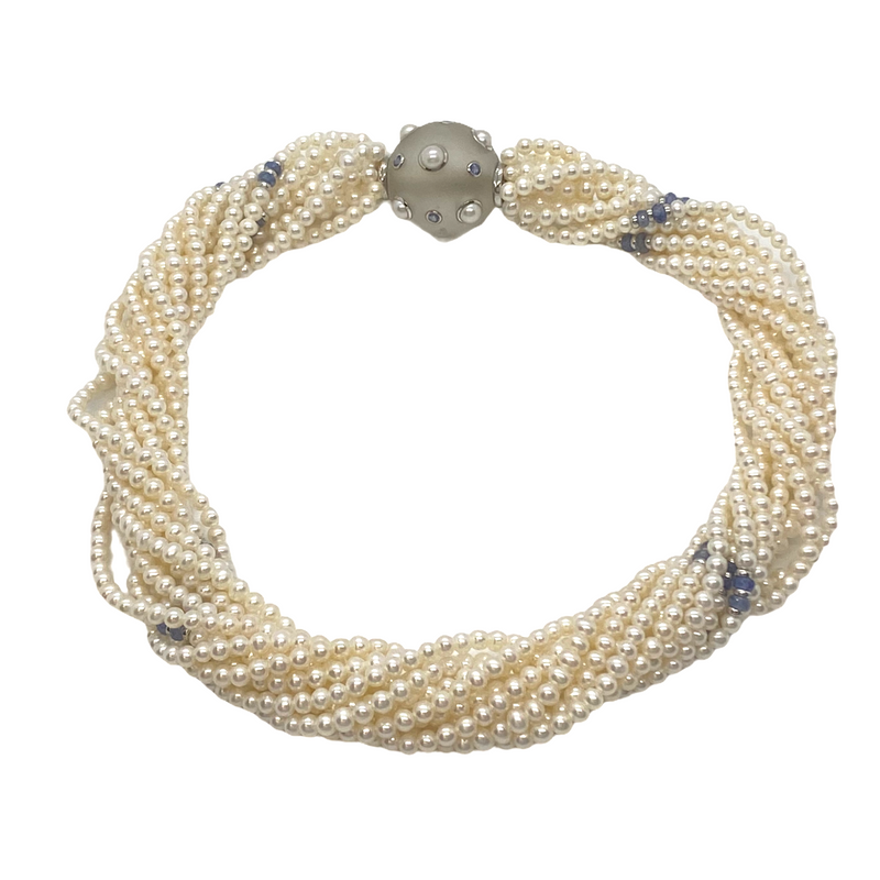 Trianon Pearl Necklace with Frosted Crystal Sapphire Gold Clasp