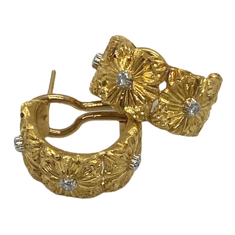 Buccellati Diamond Gold Cassettoni Hoop Flower Earrings