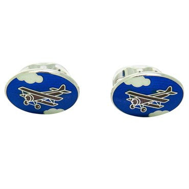 Deakin & Francis Sterling Silver Enamel Biplane Oval Cufflinks - Oak Gem
