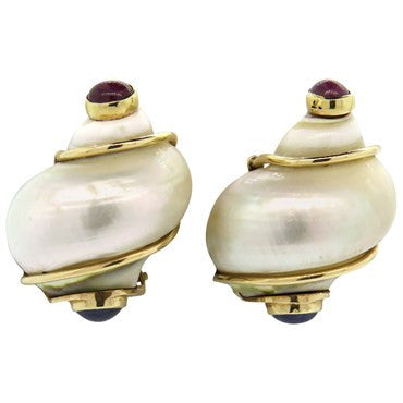 Seaman Schepps Turbo Shell Ruby Sapphire 14k Gold Earrings - Oakgem.com