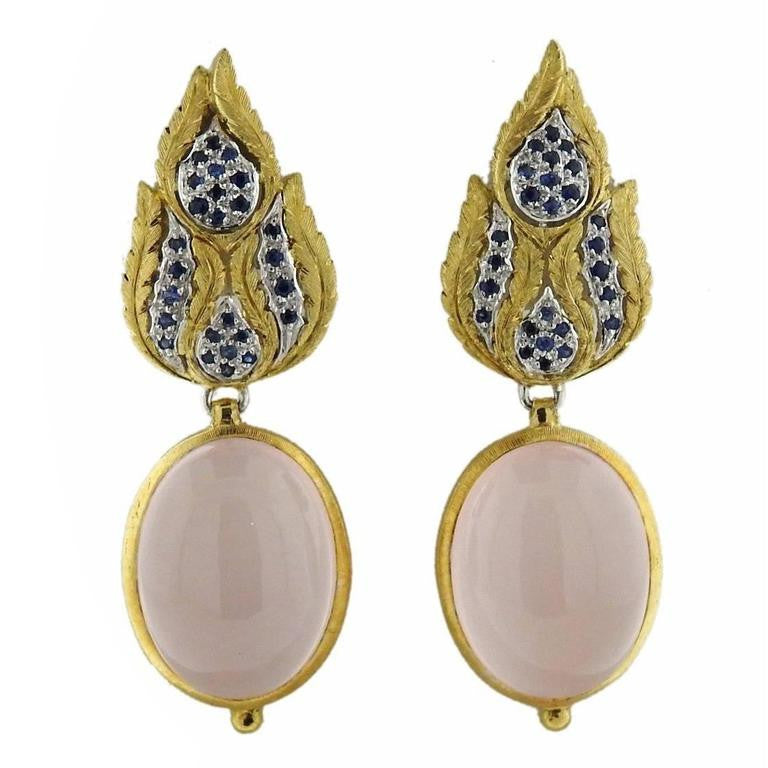 Buccellati Rose Quartz Sapphire Drop Two Color Gold Earrings - Oakgem.com