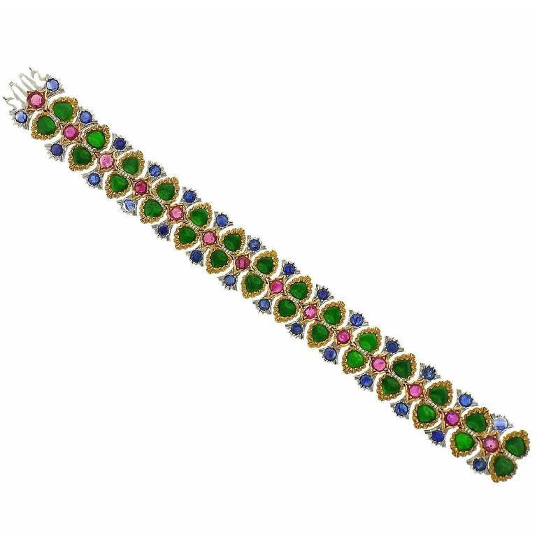 Buccellati Important Carved Jade Ruby Sapphire Gold Bracelet - Oak Gem